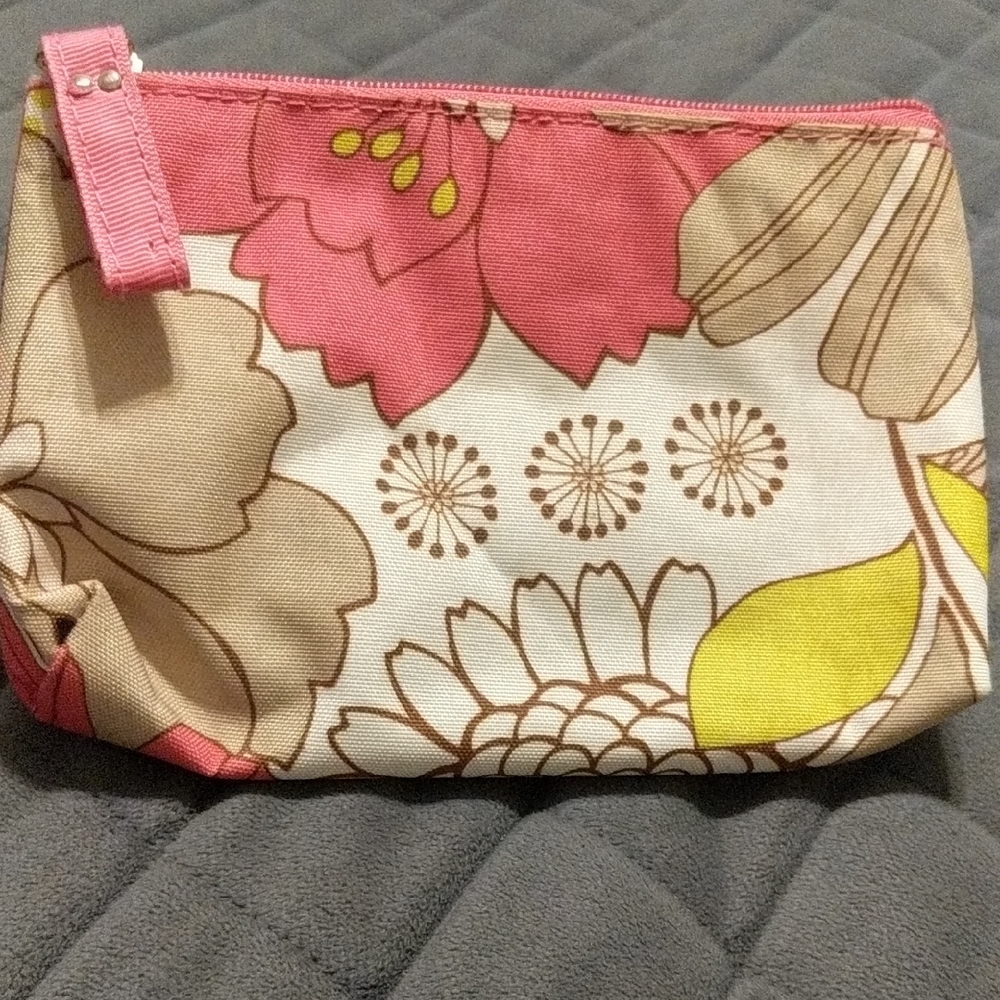 Clinique Floral Canvas Cosmetic Makeup Bag in Pink and Cream